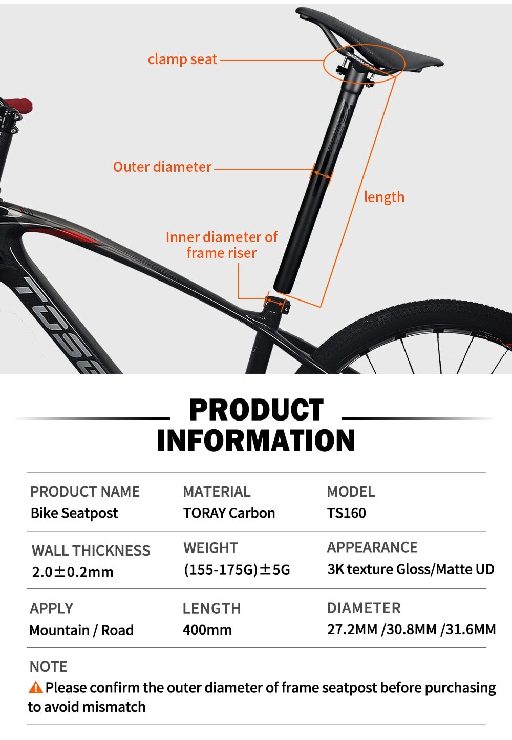 Carbon Seatpost Offset 0mm Mtb Retractable 27.2/30.8/31.6mm Seat Post 400MM