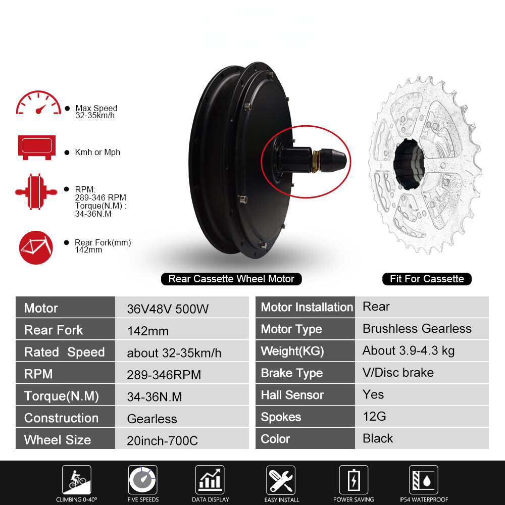 Electric Bike 36V 48V 500W Brushless DC Wheel Hub Motor Rotate Front Rear Motor