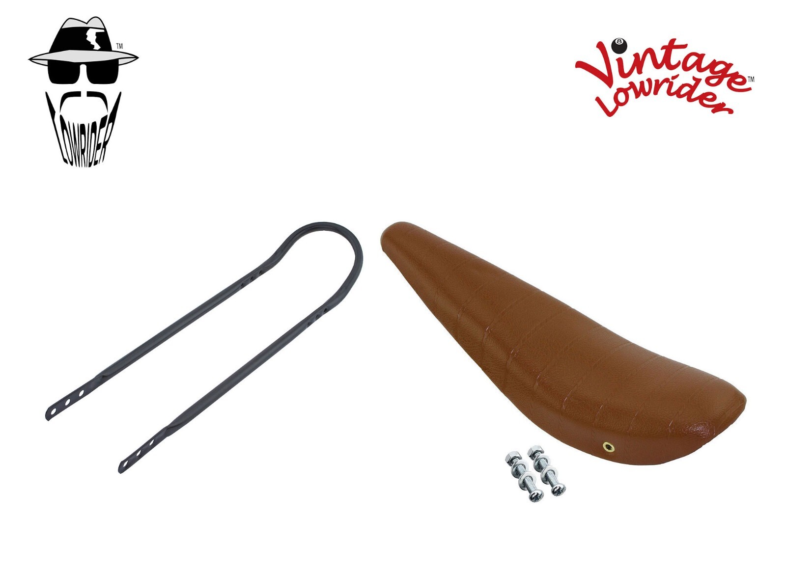 VINTAGE LOWRIDER 24″ SHORT BACK SISSY BAR IN BLACK W/ SOLID BROWN BANNANA SEAT.