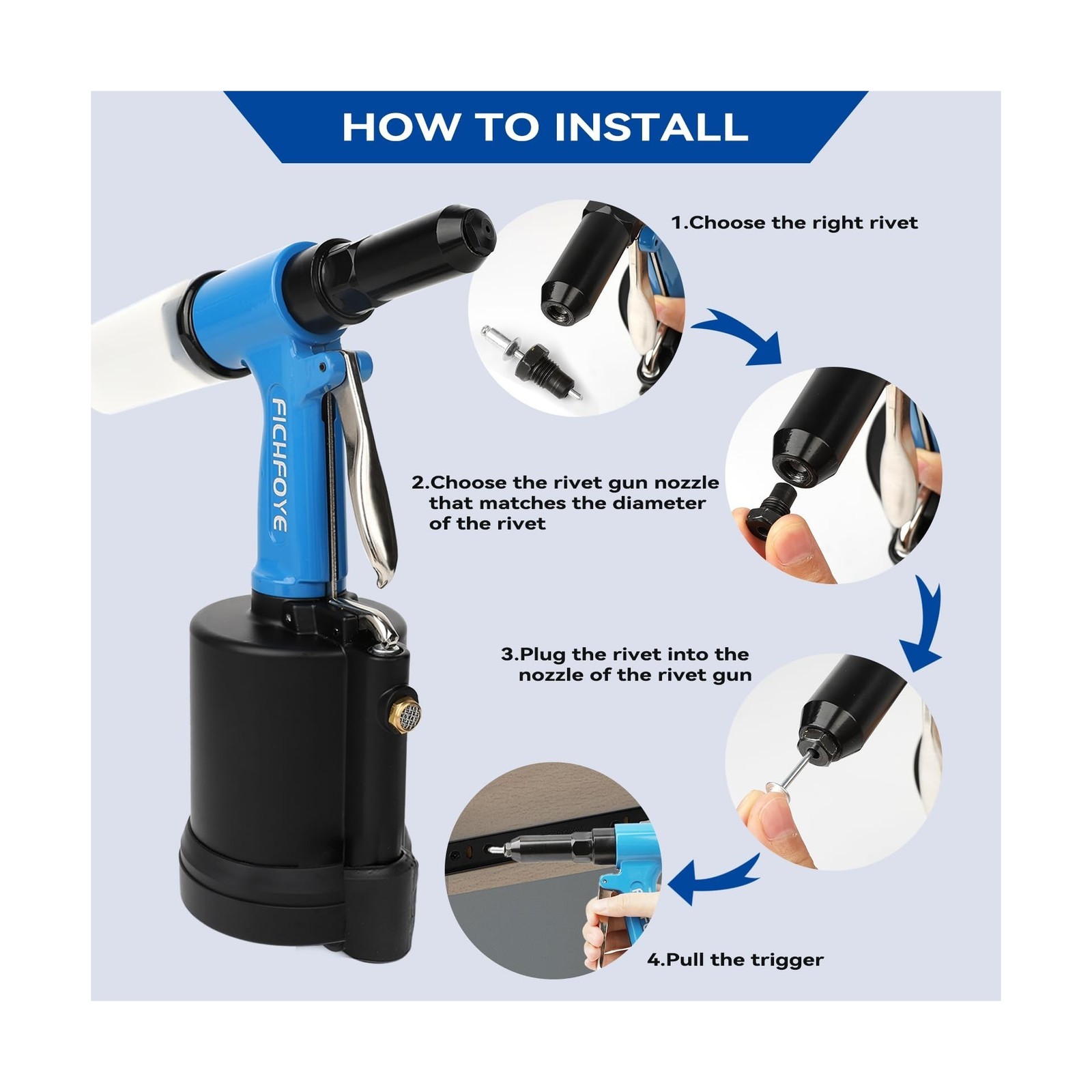 Heavy Duty Pneumatic Rivet Gun with 3/32″, 1/8″, 5/32″, 3/16″, 1/4″ Rivet Hea…