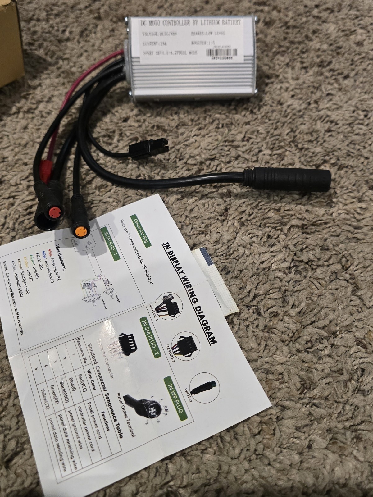 E-bike JN 36V/48V 15A 250W 9 PIN Square wave controller with light wire & Remote