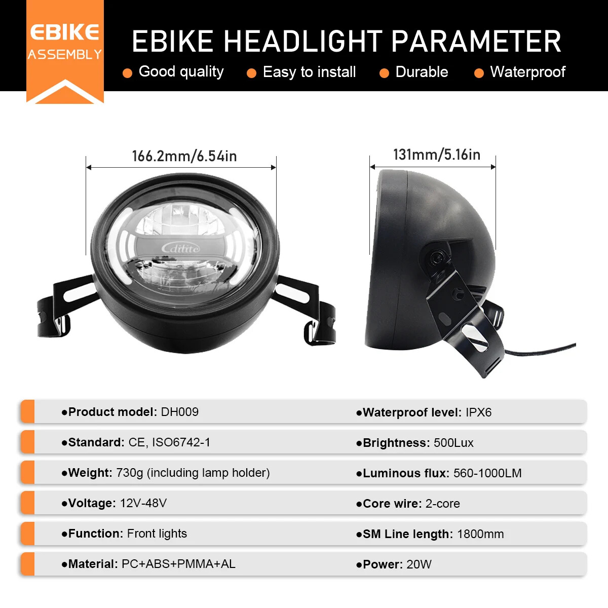 E-Bike Headlight DH009 2pin SM/Waterproof Plug 12-48V Front Light Spotlight Part