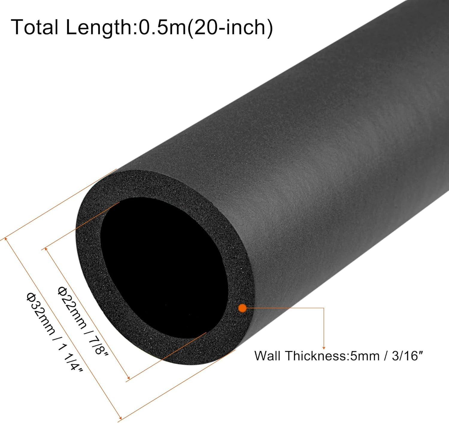 Foam Grip Tubing Handle Grips 7/8″(22mm) ID 3/16″(5mm) Wall Thick 20″ Black Non-