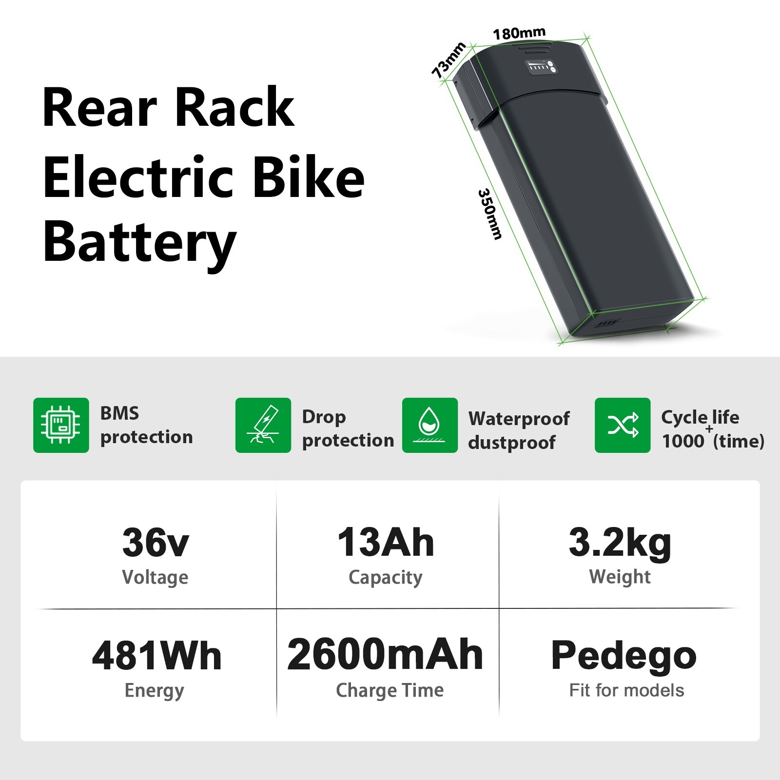 Pedego Ebike Battery 36V 13Ah Lithium Rear Electric Battery Pgoebikes