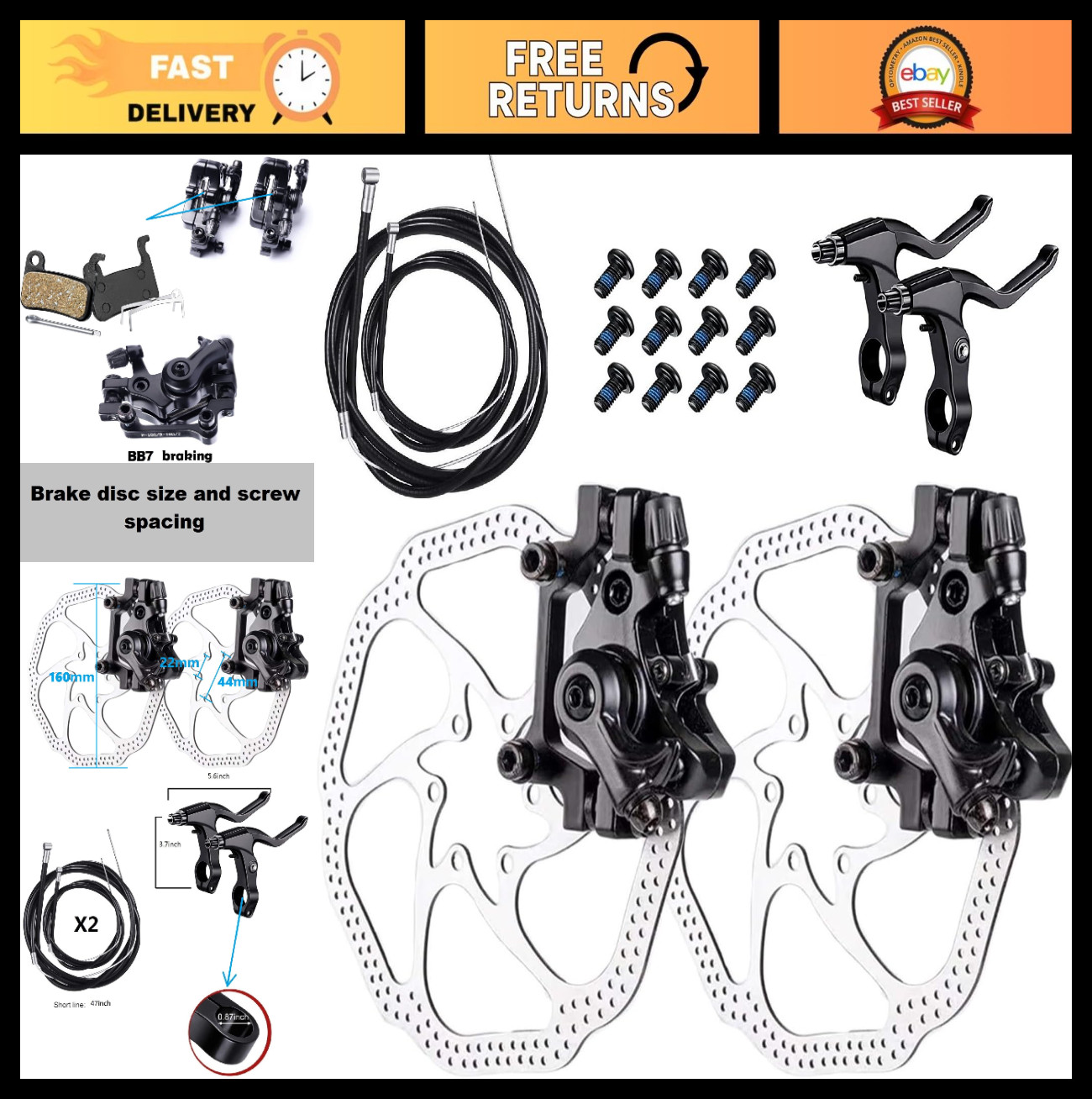 Bike Disc Brake Kit – 2PCS 160mm Stainless Steel Rotors & Calipers for MTB/Road