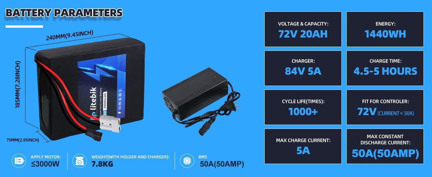 72V 20AH bike Lithium Battery bicycly 50A BMS for 3000W Motors Anderson plug
