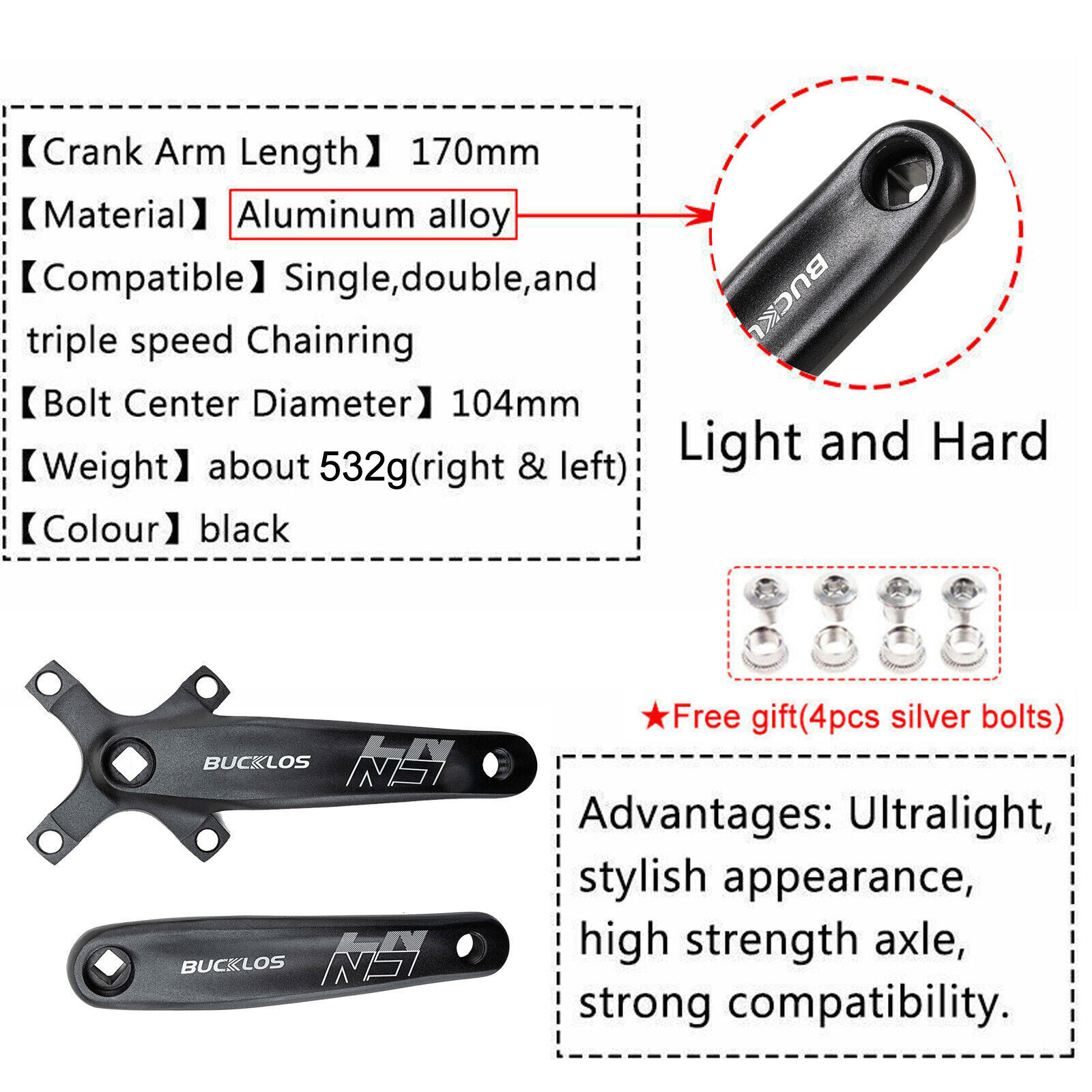 Bicycle Single Crankset 30-52T 104BCD Crank Narrow Wide Chainring 170mm Chainset