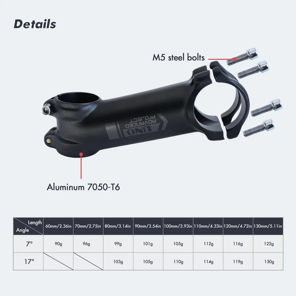 UNO Bike Stem Ultralight -7 Degree for 31.8mm – 100mm