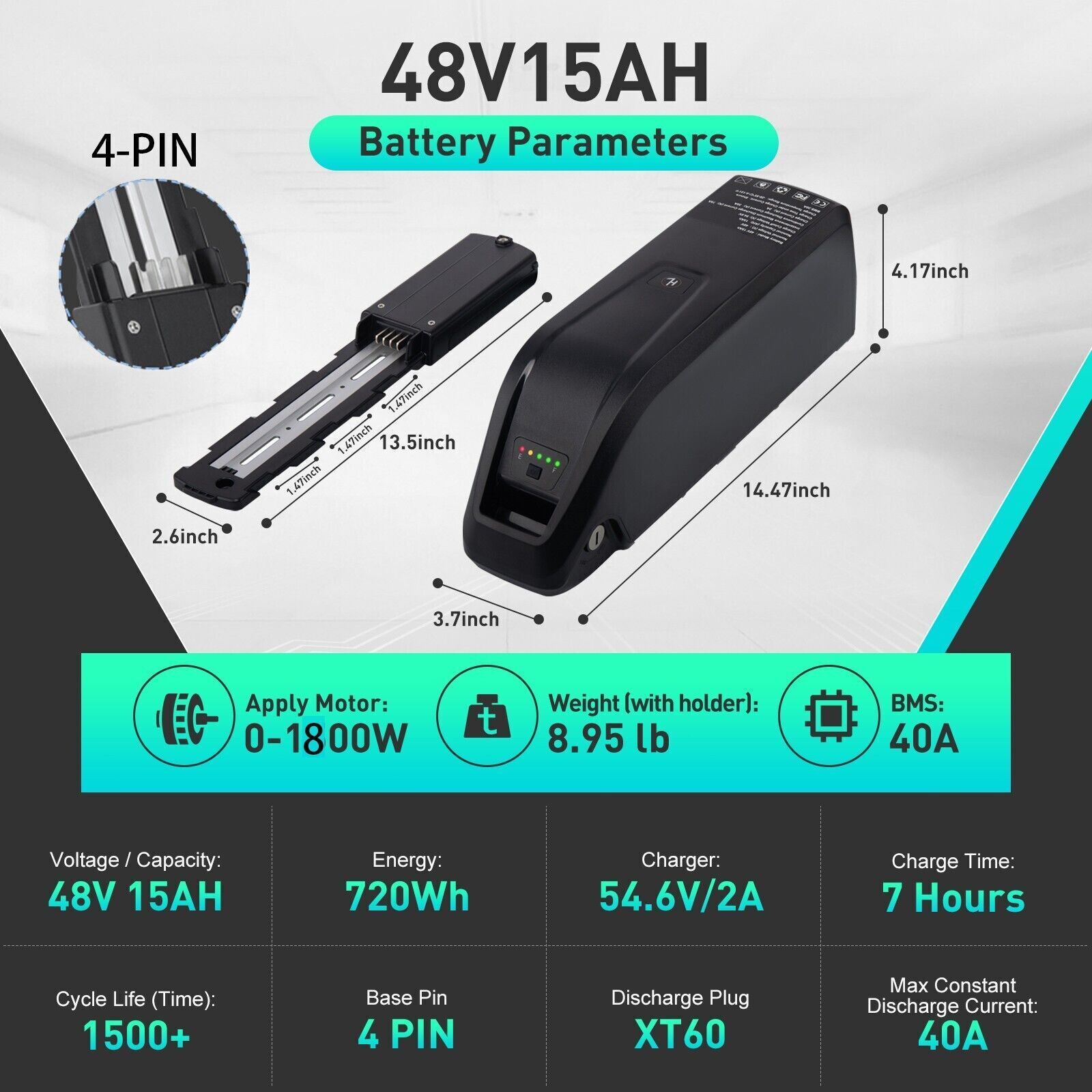 52V 48V 36V Lithium Battery for 200W-1800W Ebike Electric Bicycle 10AH/15AH/20AH