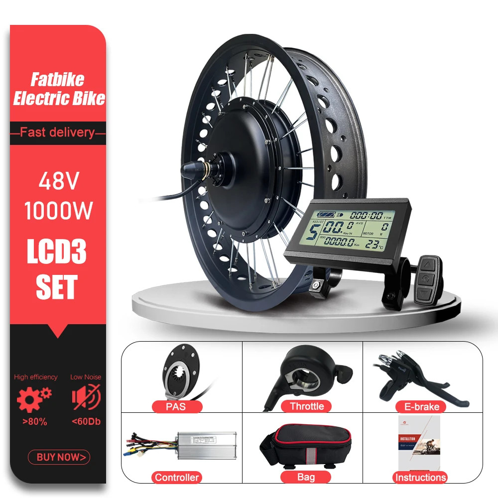 E-bike Conversion Kit 48V 1000W 4.0Tyre Brushless Rear Rotate Hub Motor Wheel