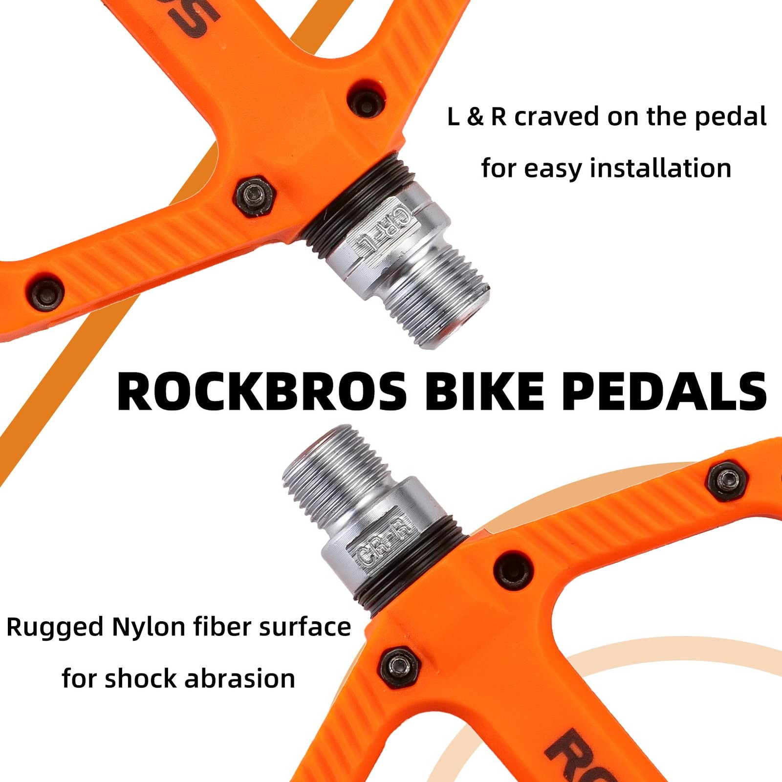 ROCKBROS Mountain Bike Pedals Nylon Composite 4.56 inches x 5.3″, Orange