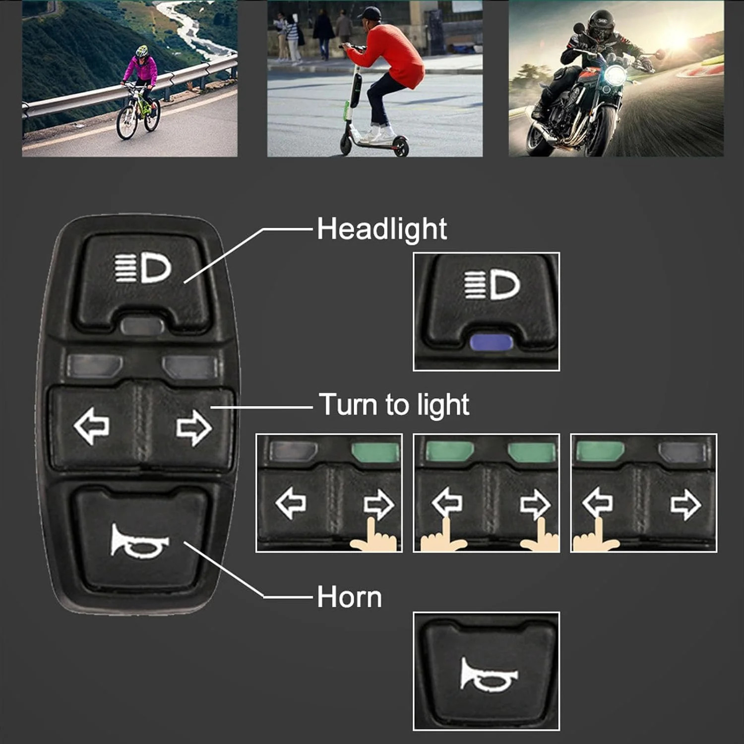 Universal Ebike Light and Horn Switch Turn Signal Switch 3 in 1 Motorcycle HeadL