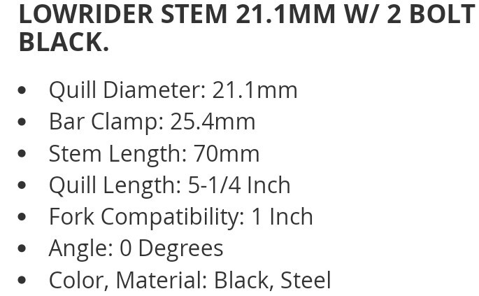 BLACK LOWRIDER BICYCLE STEM GOOSENECK 21.1MM, 2 BOLT, BEACH CRUISER CHOPPER