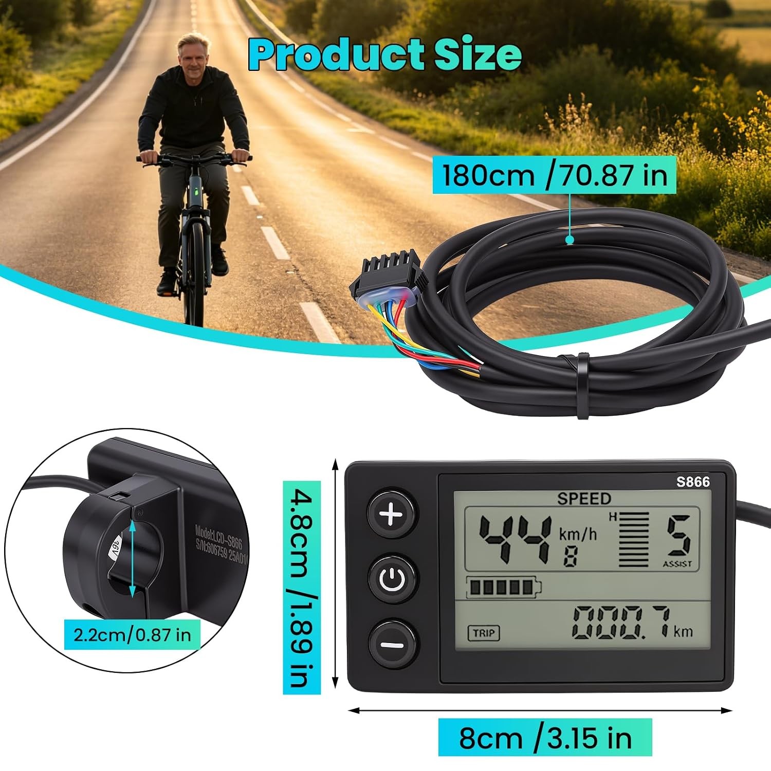 S866 Electric Bicycle Display LCD Meter, Speedometer Odometer, 24V 36V 48V Elect
