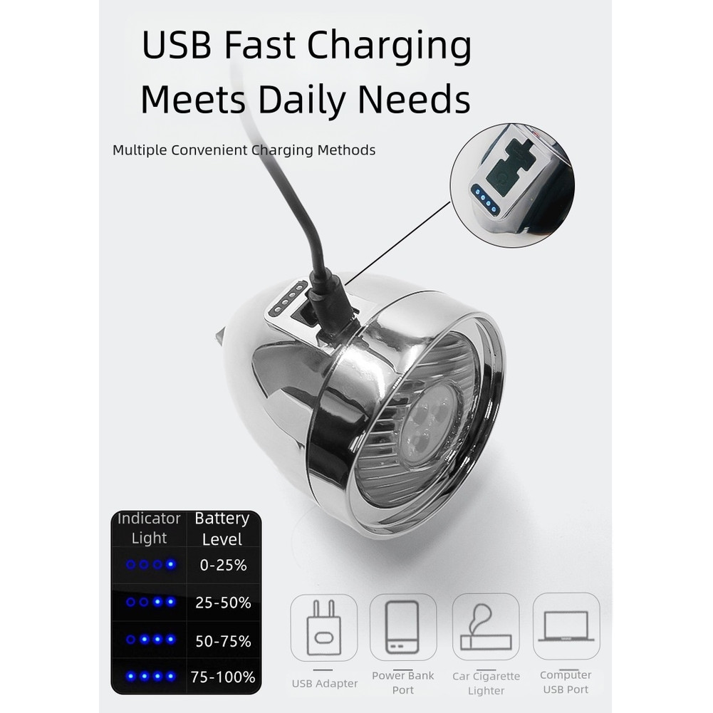 Waterproof USB Bicycle Headlight 3 LED Front Light with Adjustable Bracket