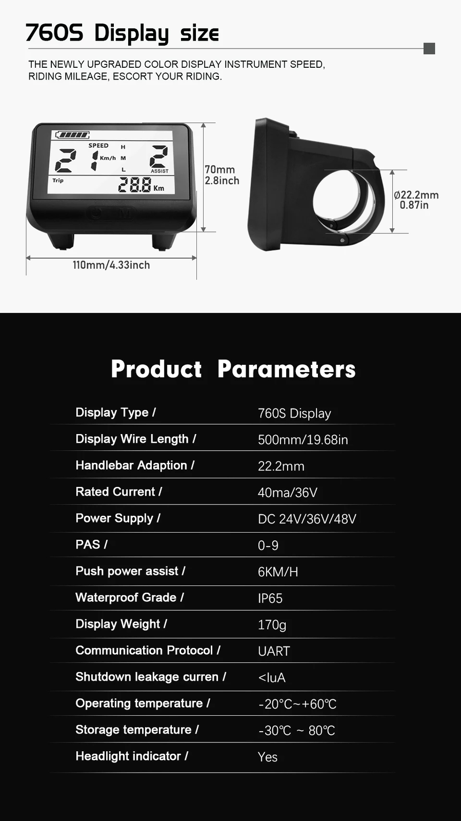 E-Bike LCD Display 760S UART Protocol for BBS01B BBS 02B BBSHD Mid Drive Motor