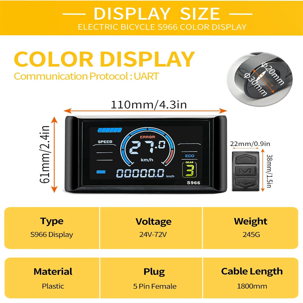 E-bike 36V 48V 30A 1000W 3 mode Sine Wave Controller+S966 Color Display Kits USA