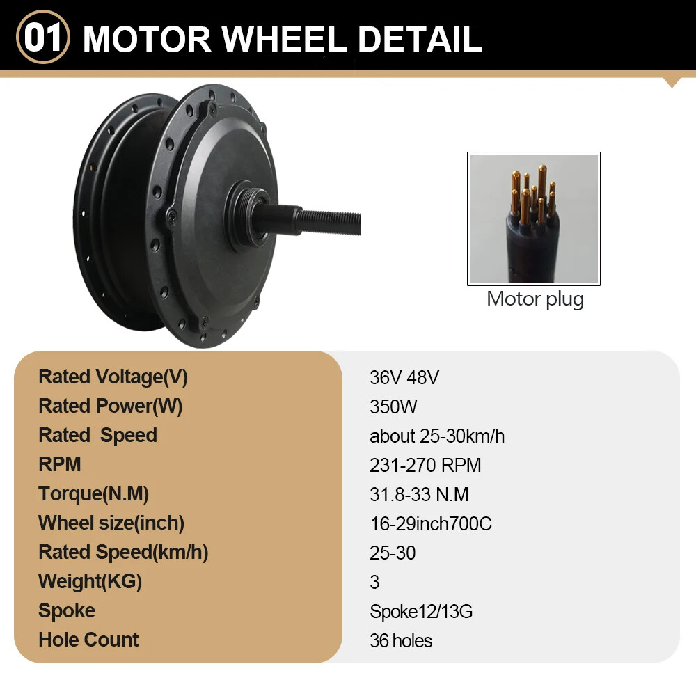 48V 350W Mountain Electric Bike Conversion Kit Rear Brushless Gearless Hub Motor