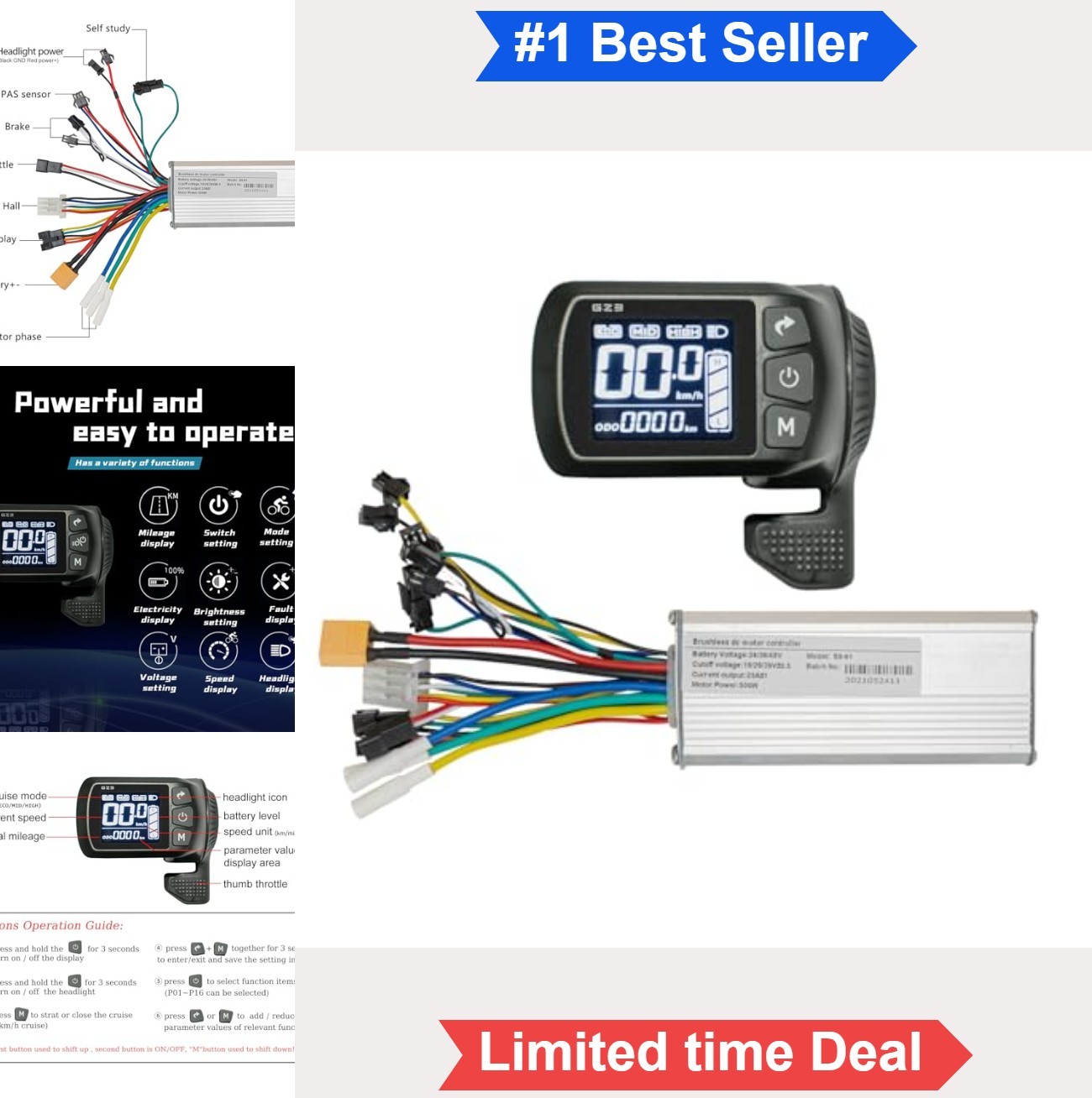 Ebike Brushless Motor Controller 500W 24V 36V 48V 25A LCD Display Kit with