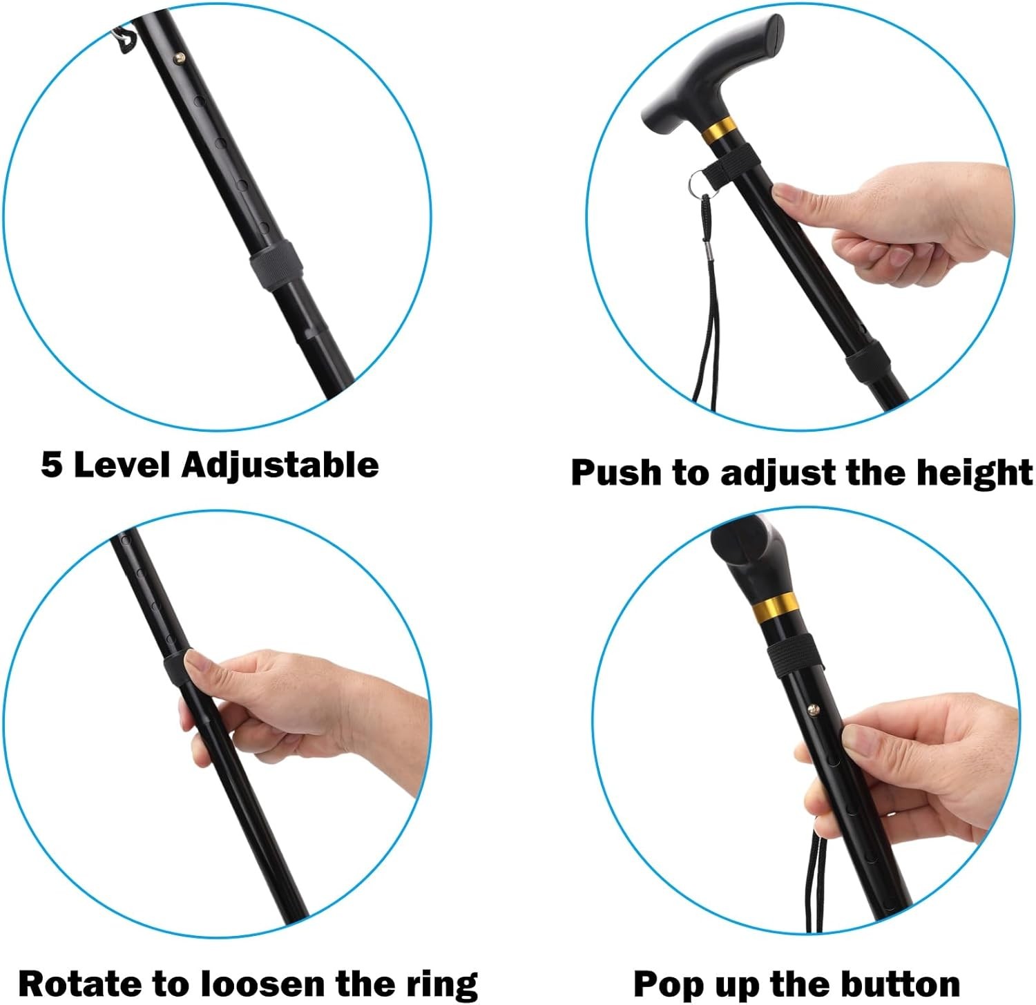 Folding Lightweight Walking Stick – Adjustable Aluminum Metal Black