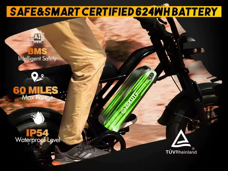 Eskute V100 Electric Bike 1500W Peak 28MPH 48V13Ah Motorcycle 16 X4 Fat Tire New