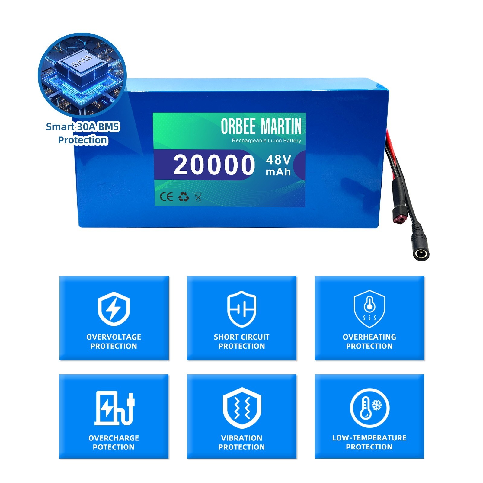 ORBEE MARTIN 48V 20Ah Rechargeable Battery, Lithuim Battery,XT60 Connector DIY