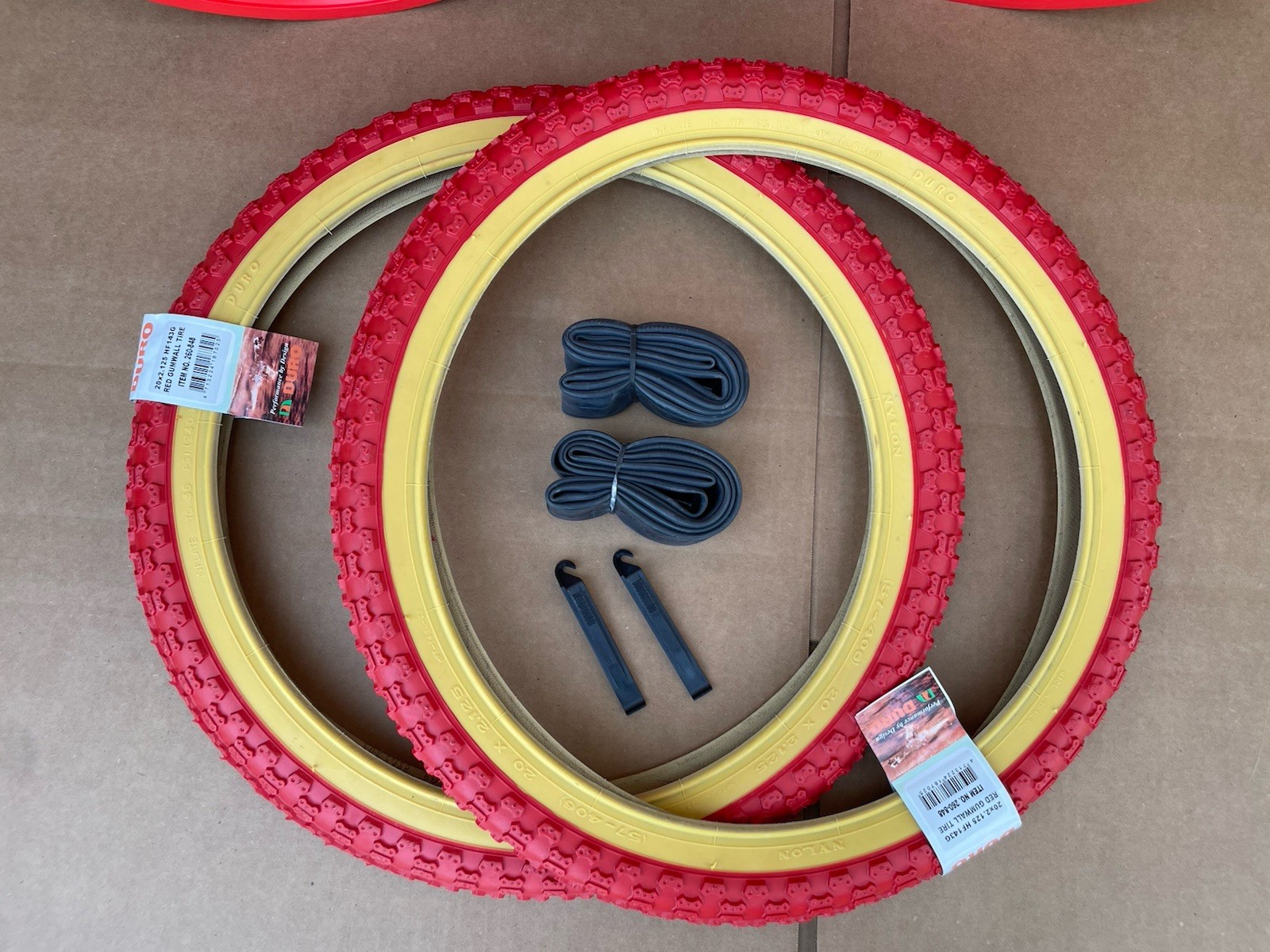 20″ Bicycle Plastic RED 6-spoke Mag Wheels and Red Gum Wall Tire Set GT Rims BMX