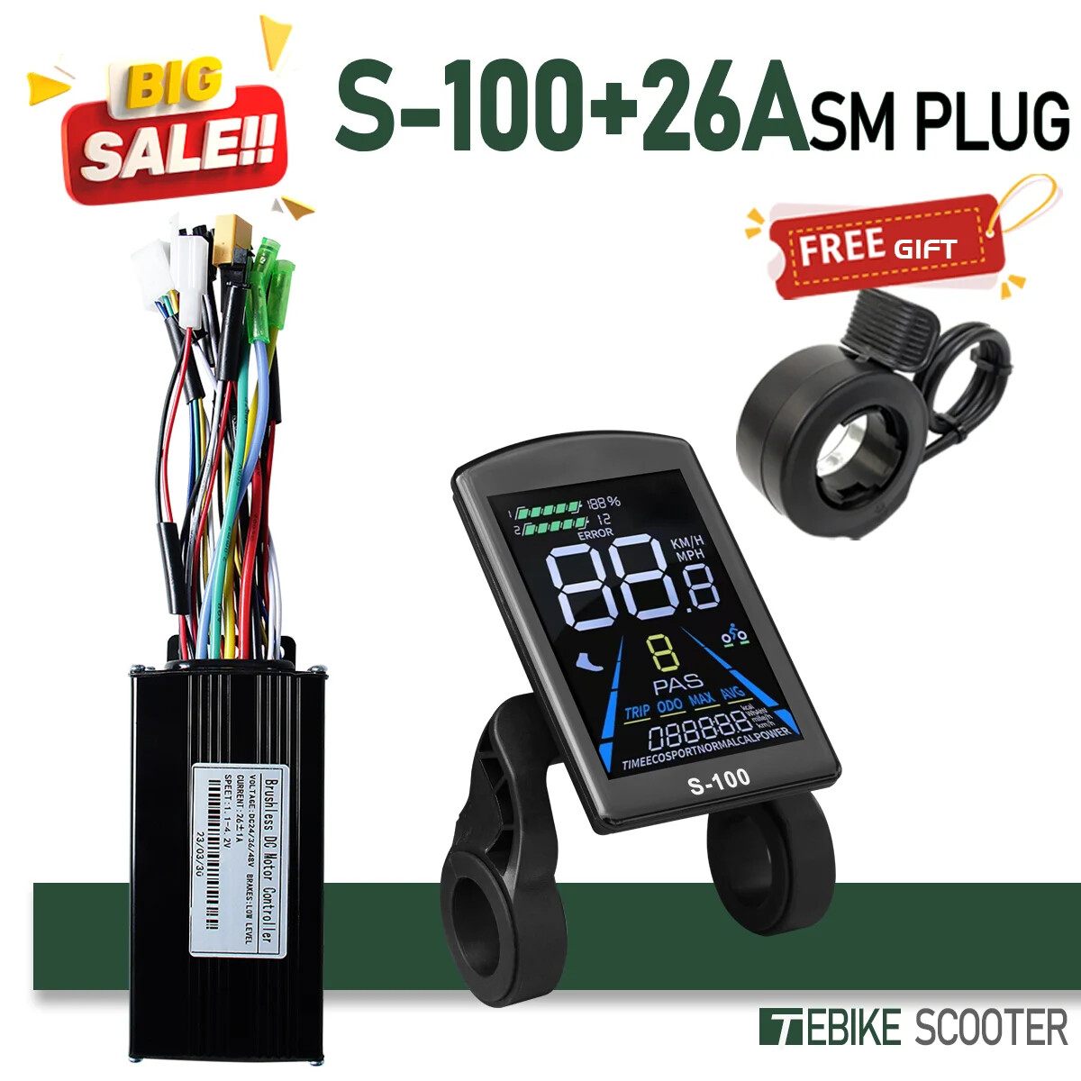 Electric Bike Sinewave 3 Mode 17A26A30A40A Controller 24V/36V/48V/52V Motor