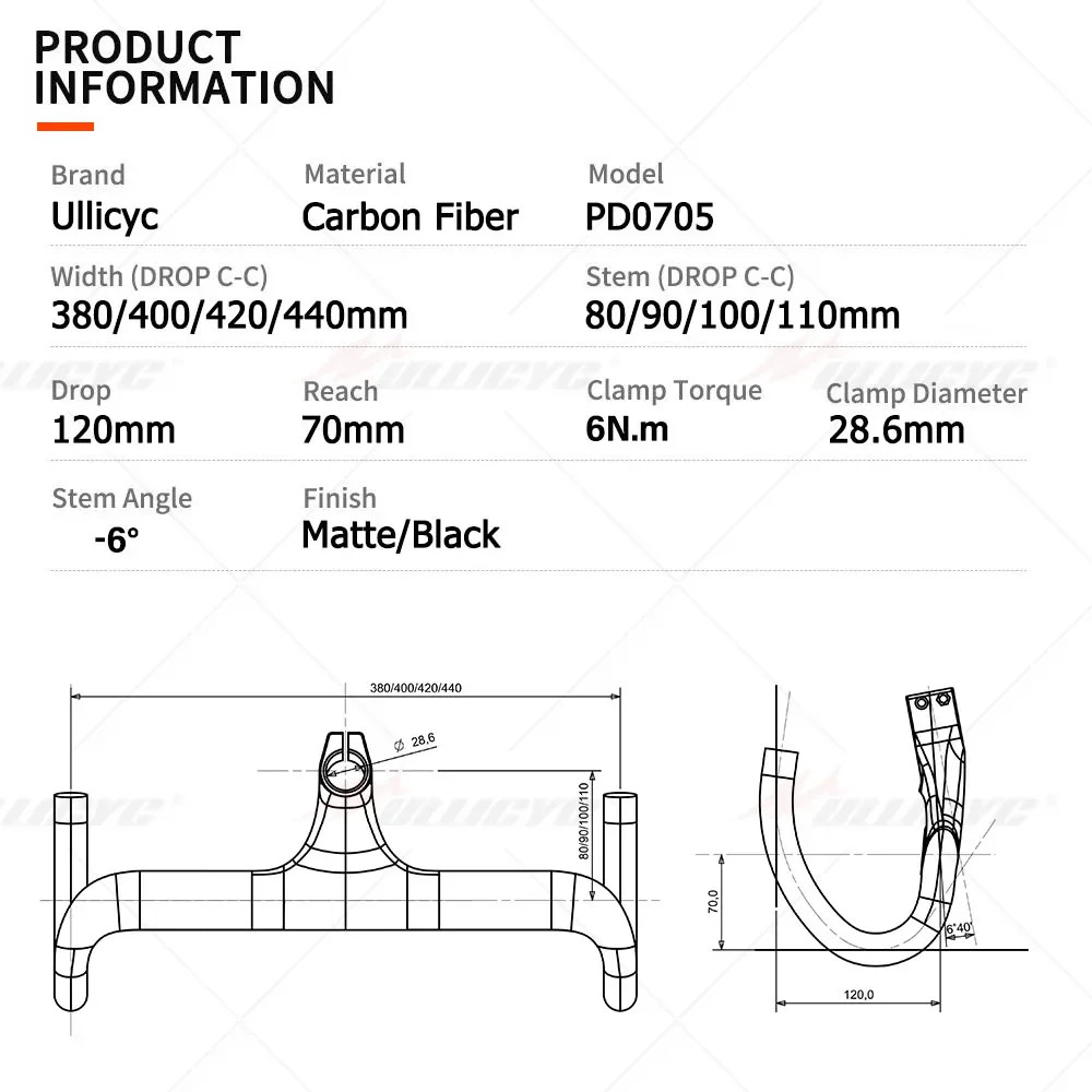 Carbon Road Bike Integrated Drop Bar -6 Degree Full Internal Cable 380-440mm