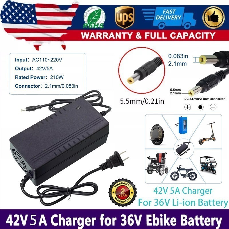 42V 5A Adapter Charger 36V Lithium Battery with 5.5mm*2.1mm DC Plug Port 210W 2