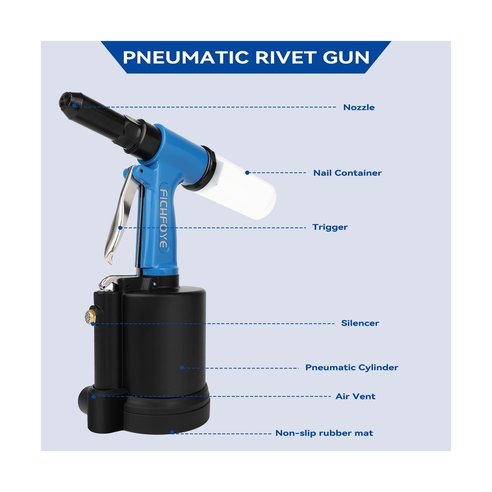Heavy Duty Pneumatic Rivet Gun with 3/32″, 1/8″, 5/32″, 3/16″, 1/4″ Rivet Hea…