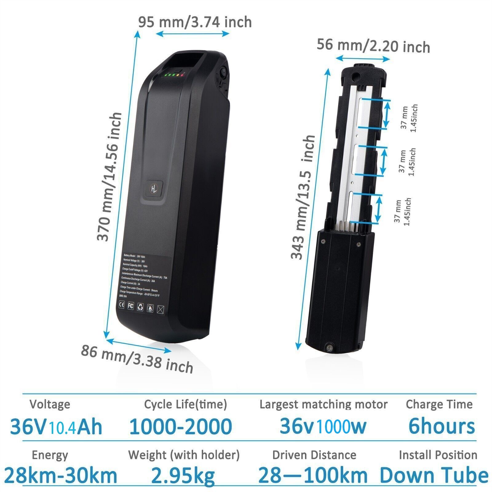 36V 10Ah Ebike Battery Li-ion Battery for 0-750W Electric Motor Black