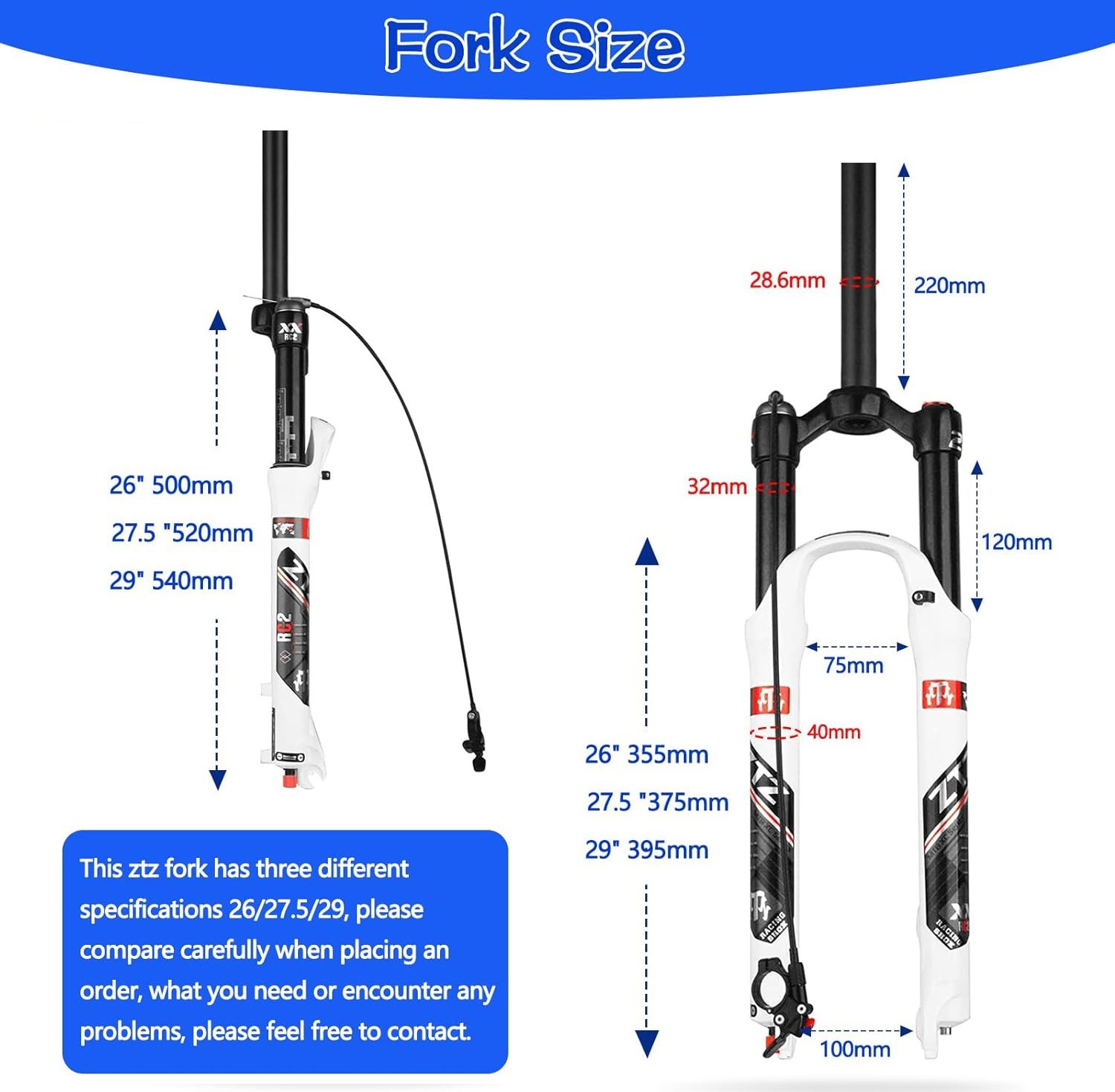 ZTZ MTB Air Suspension Fork Fit for 26/27.5/29 inch Mountain Bike, QR 9mm, XC/AM