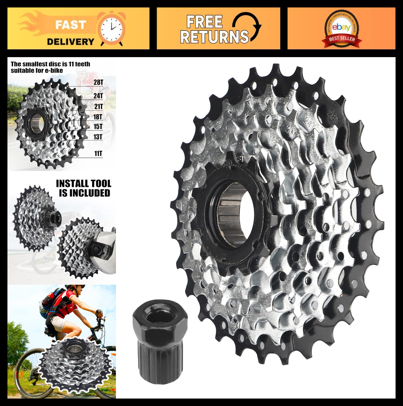 7/8 Speed E-Bike Freewheel 11-28T/11-32T Screw-On Replacement Parts, Threaded Ty