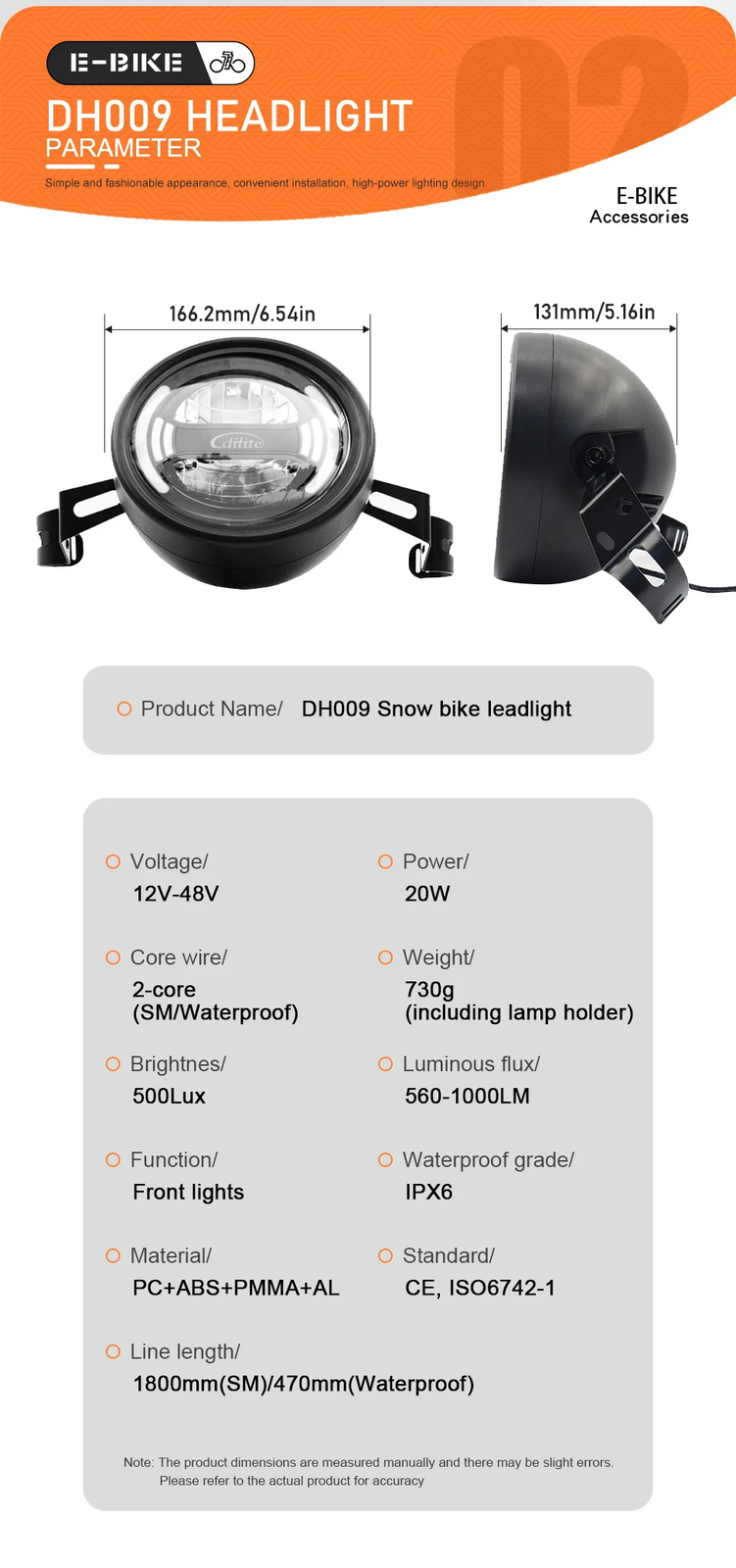 E-Bike Headlight DH009 2pin SM/Waterproof Plug 12-48V Front Light Spotlight Part
