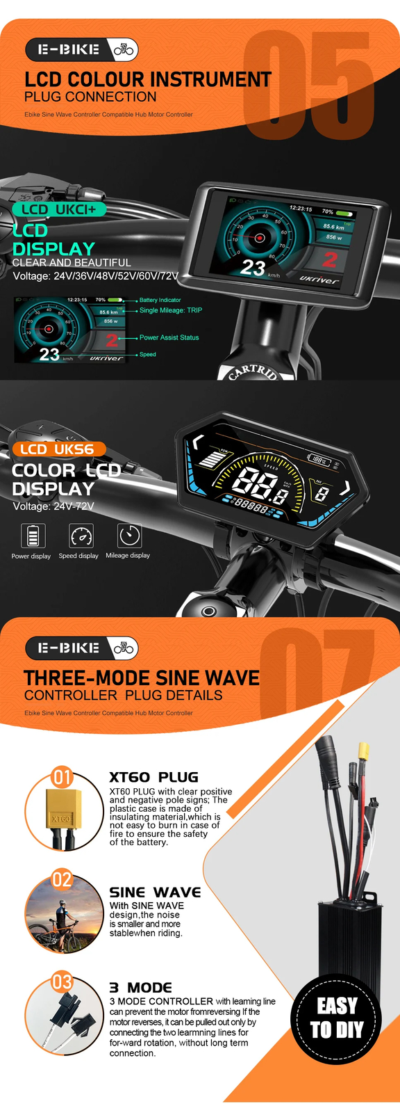 Electric Bike Sinewave 17A26A30A40A Controller 3Mode 250W-2000W Brushless Motor