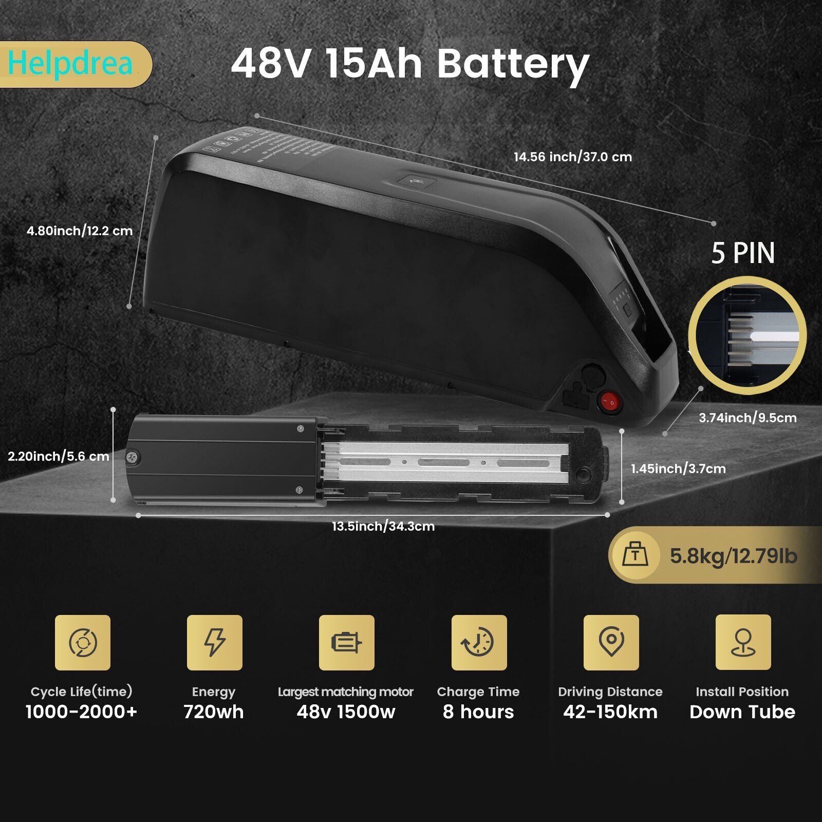 48V 15Ah Hailong Lithium Battery BMS 5-Pin for 200W-1800W Ebike Electric Bike