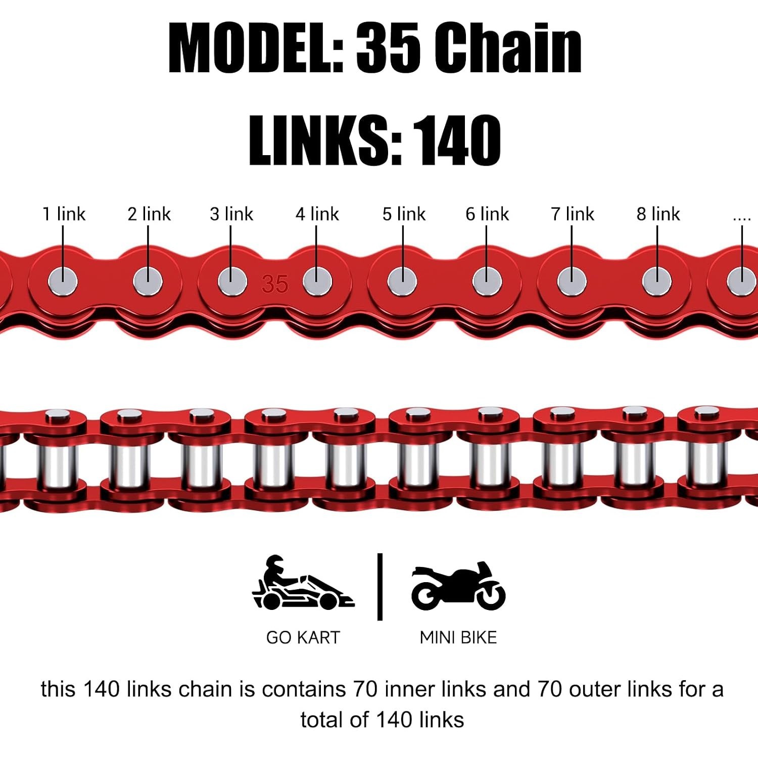 Mini Bike Chain 35 Links Alloy Steel Red Tensioner Compatible with Coleman