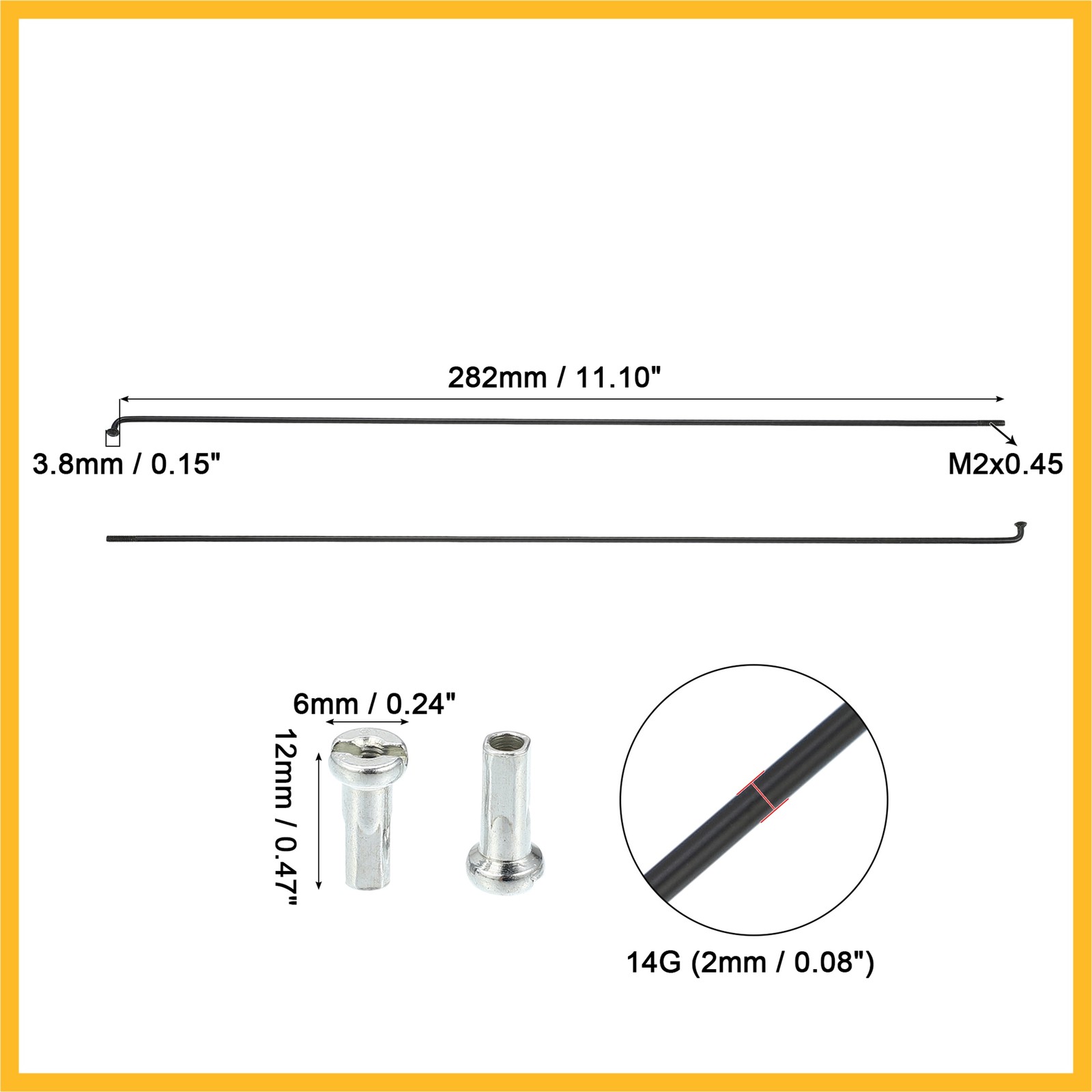 12pcs 14G J Bend 282mm x 2mm Bike Bicycle Spokes with Nipples Steel Black
