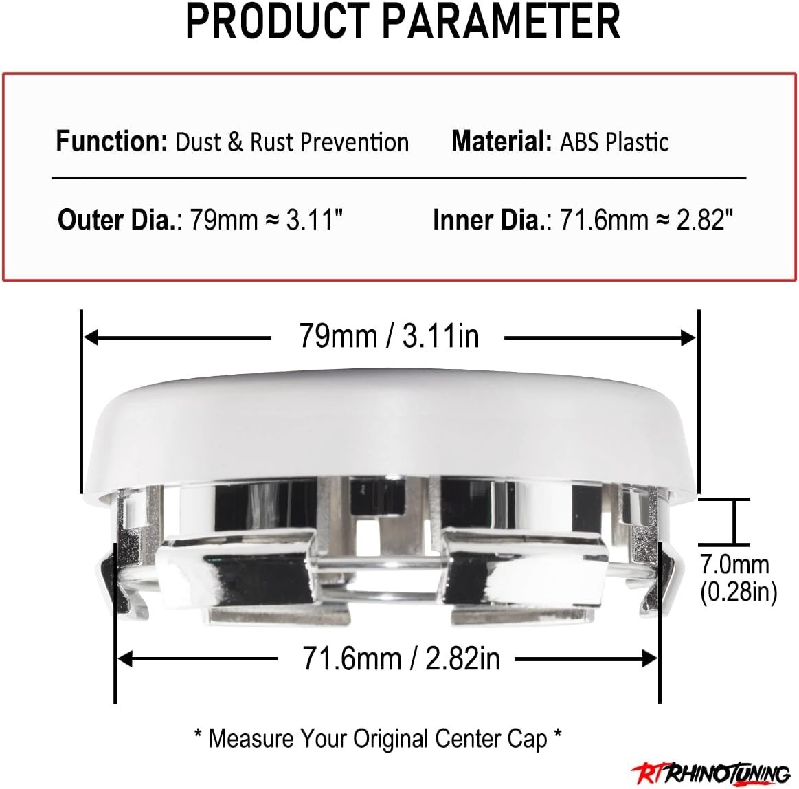 RT 4pcs 79mm Wheel Center Caps for OD: 79mm / 3.11″, ID: 71.6mm / 2.82″ Chrome