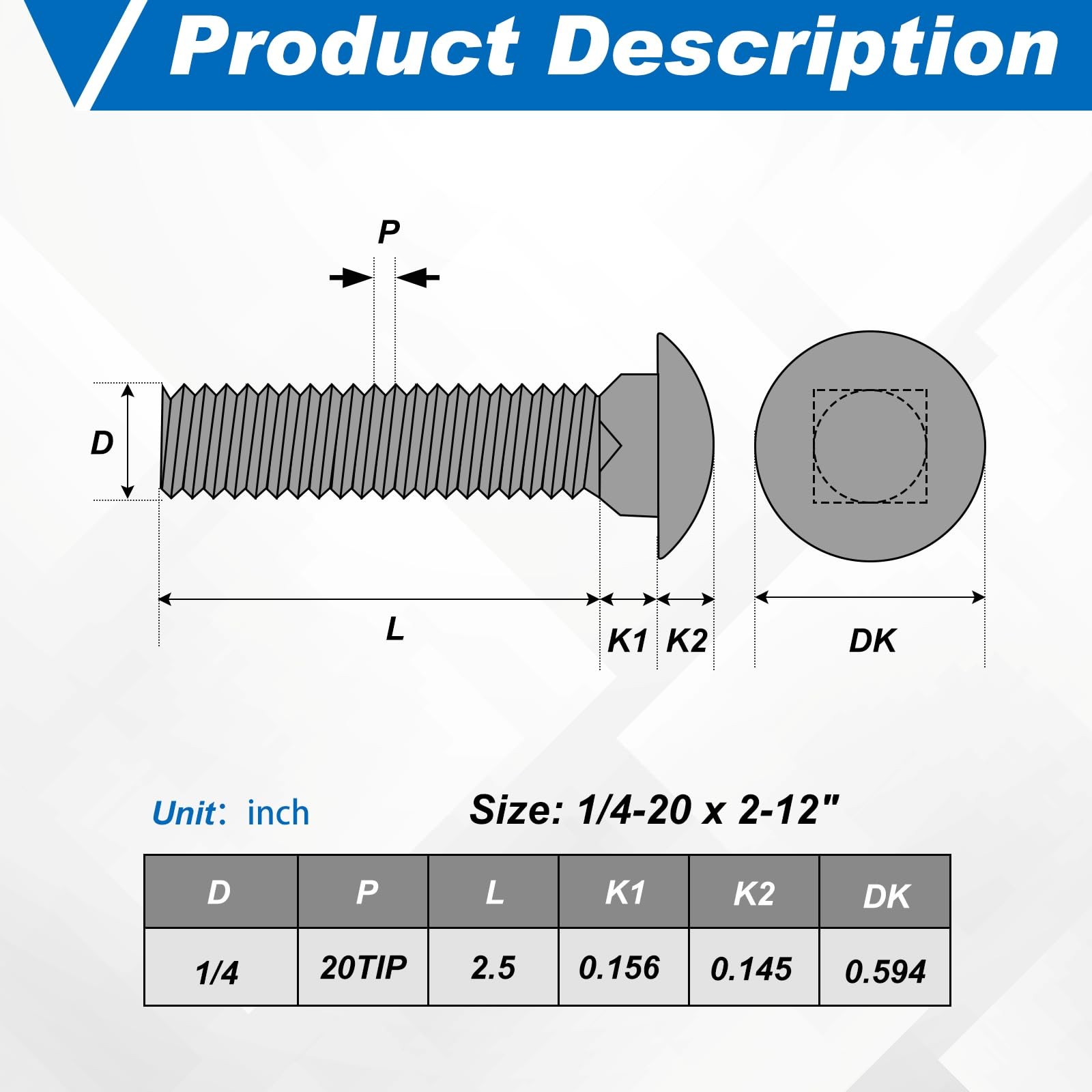 Zonon 50 Sets 1/4-20 x 2-1/2 Stainless Steel Carriage x 2-1/2″, Black