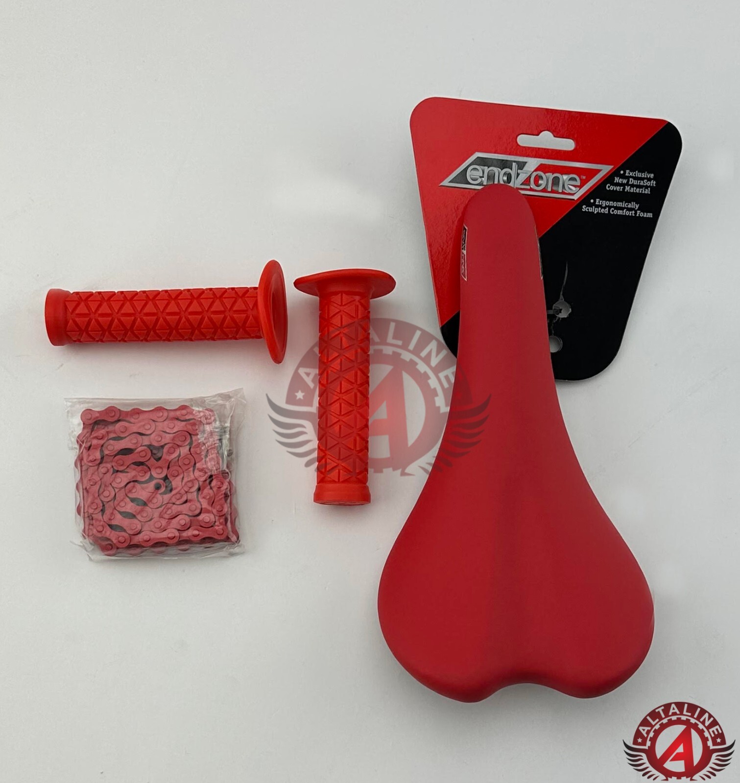 PACKAGE DEAL: BICYCLE SEAT GRIPS CHAIN RED BMX ROAD FIXIE MTB CYCLING BIKES.