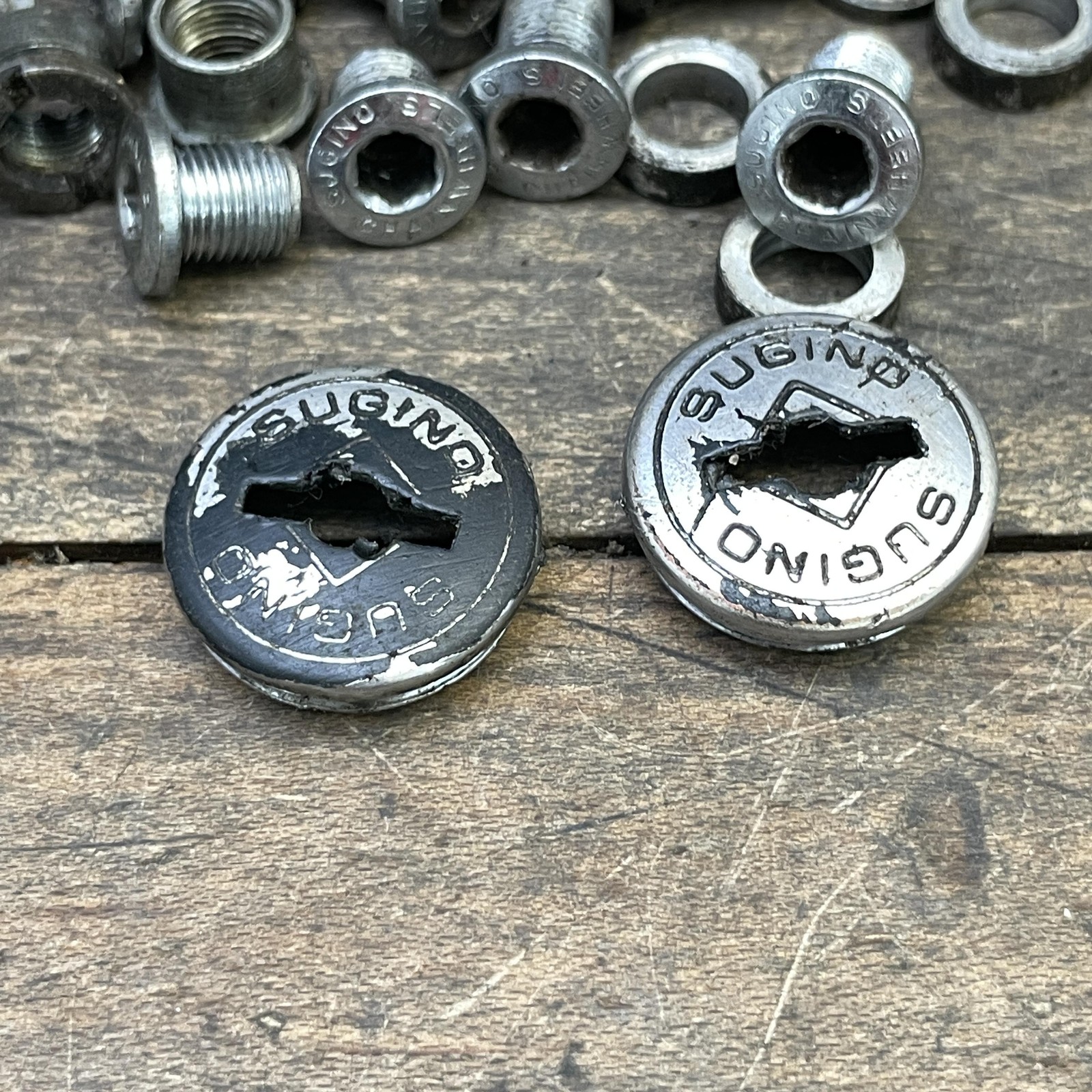 Vintage Sugino Triple Chainring Bolts Nuts Washers Dust Caps Lot Silver