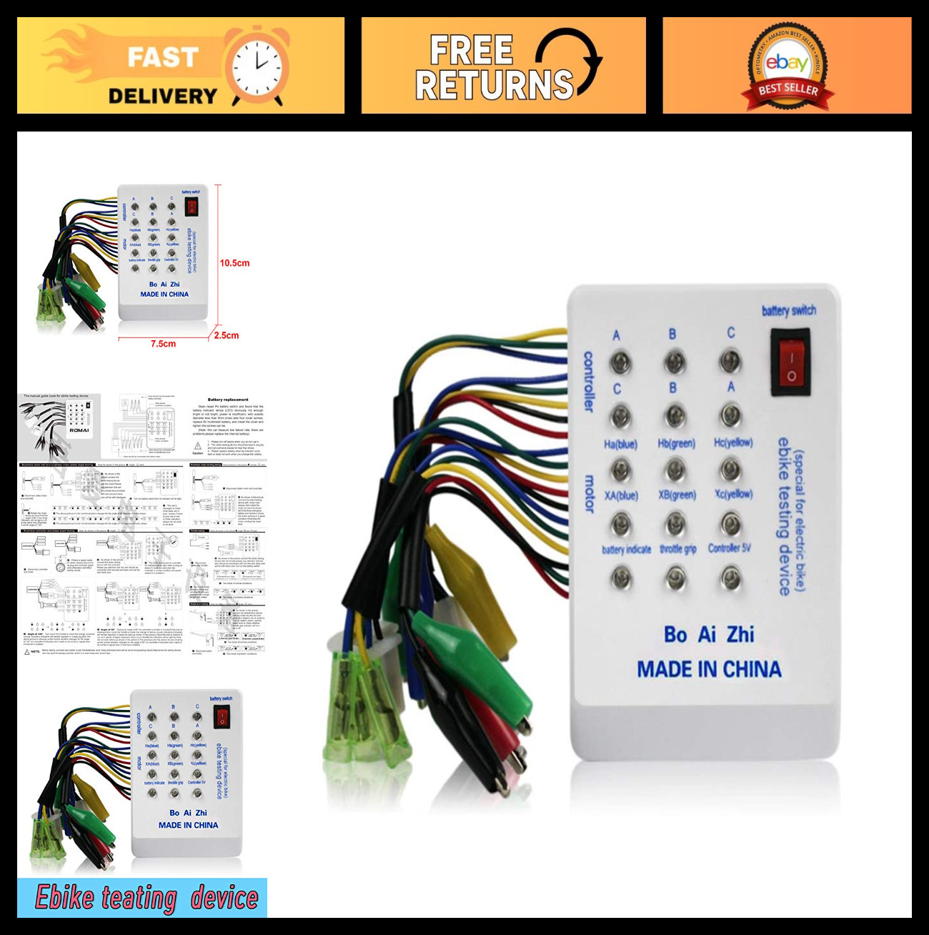 E-Bike Motor Tester 24V/36V/48V/60V/72V Brushless, Portable Battery Indicator To
