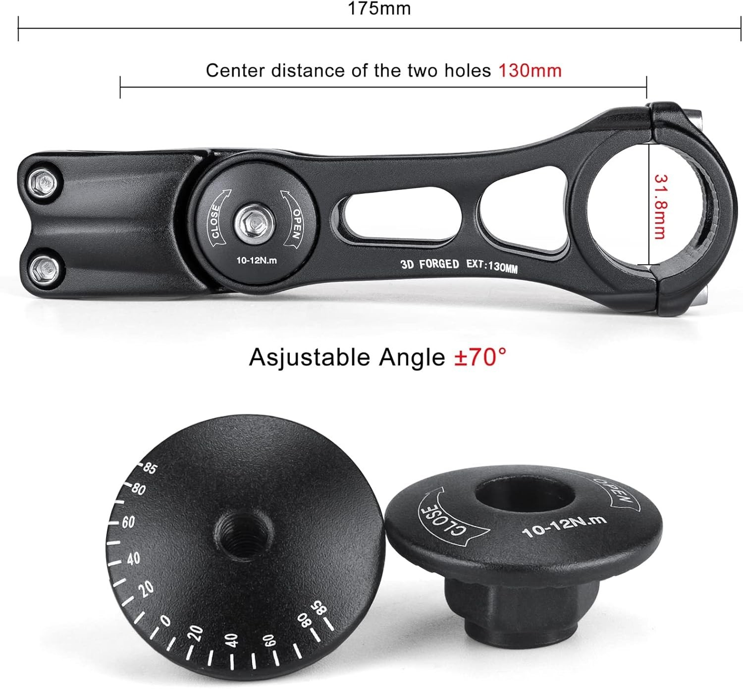 Adjustable MTB Stem 31.8mm 70 Degree – 90/110/130/145mm Bike Stem Riser for Hand