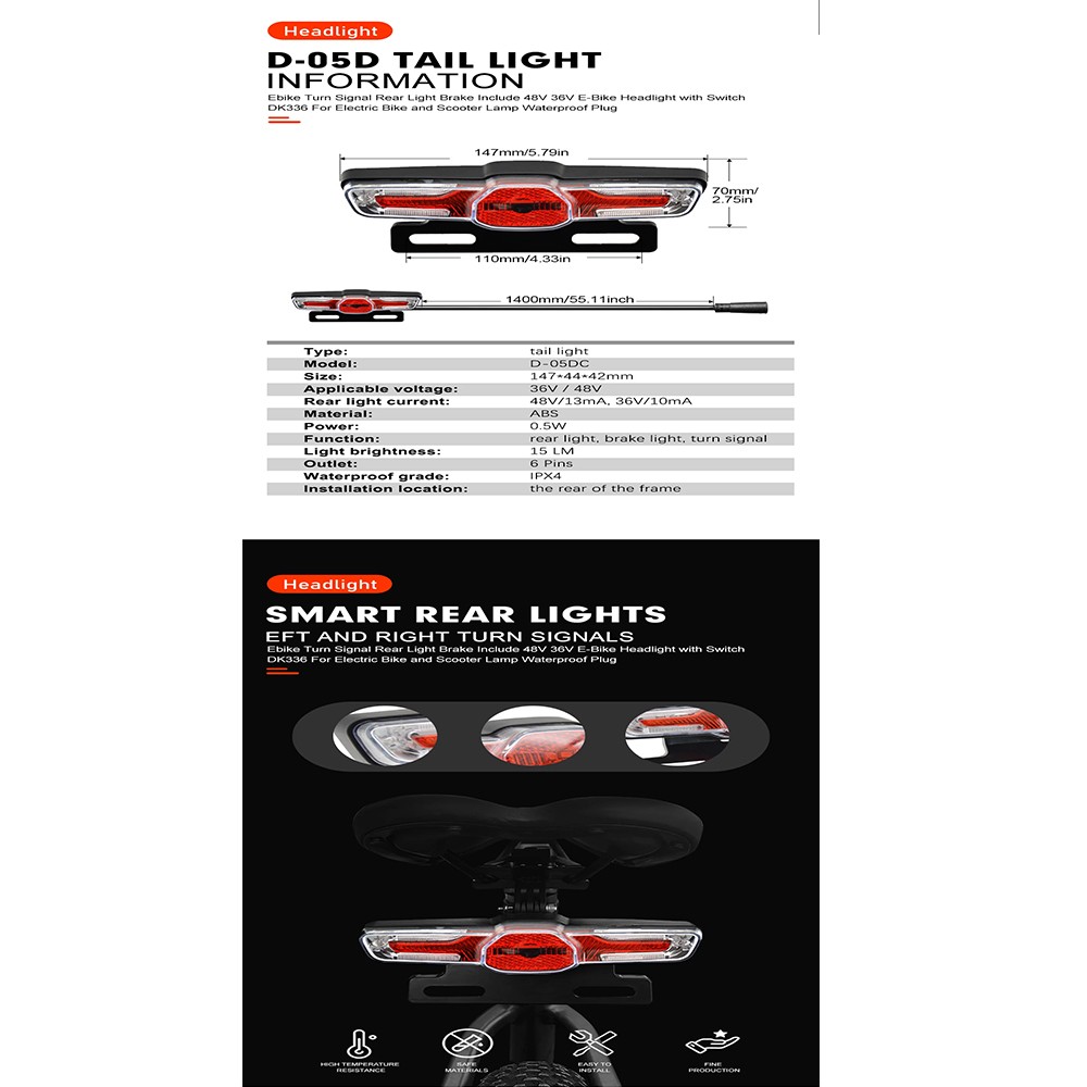 36V-48V E-Bike LED Headlight & Tail Light Set Horn Brake Turn Signal Switch Kit