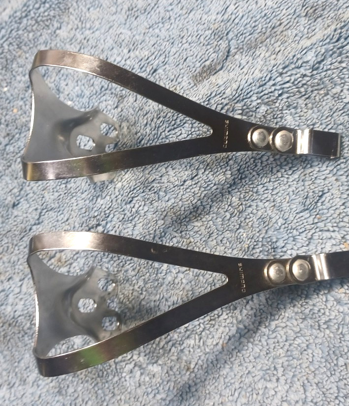 used, VGC Pair, Shimano Dura-Ace EX/AX, 3 Hole, Large Stainless Steel Toe Clips