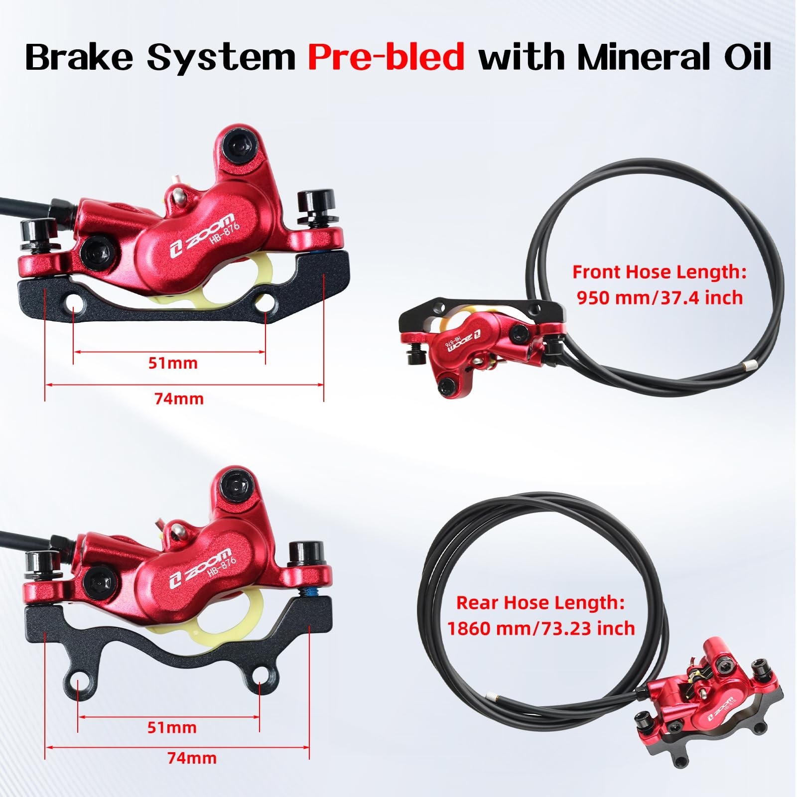 Zoom HB876E Hydraulic Disc Brakes Set 4-Pistons E-Bike Electric Power-OffHydr…