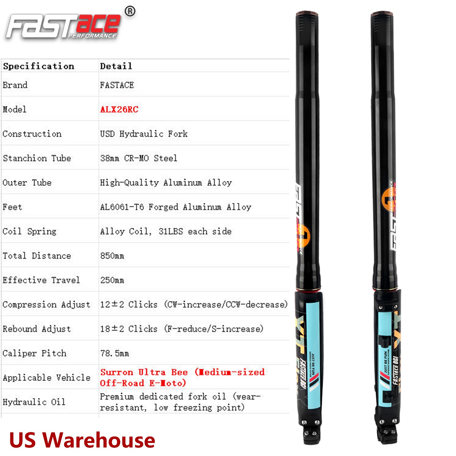 FASTace ALX26RC Front Fork Suspension for Surron Ultra Bee 250mm Travel 62LBS