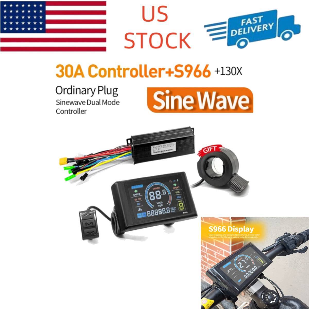 E-bike 36V 48V 30A 1000W 3 mode Sine Wave Controller+S966 Color Display Kits USA